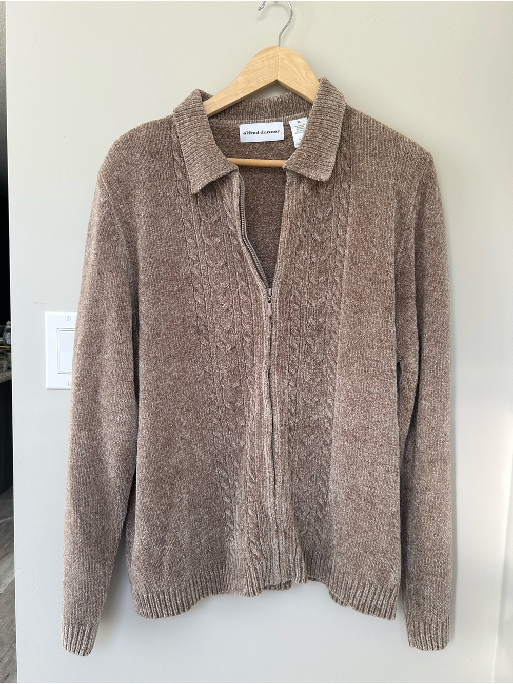 Alfred Dunner Taupe Brown Zip-Up Cable Knit Cardigan